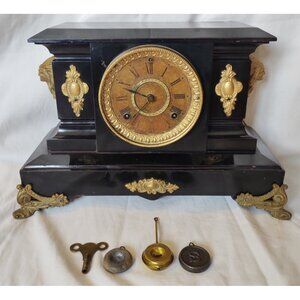 Antique 1886 Ansonia Cast Iron Figural Mantel Clock Empire Running Original